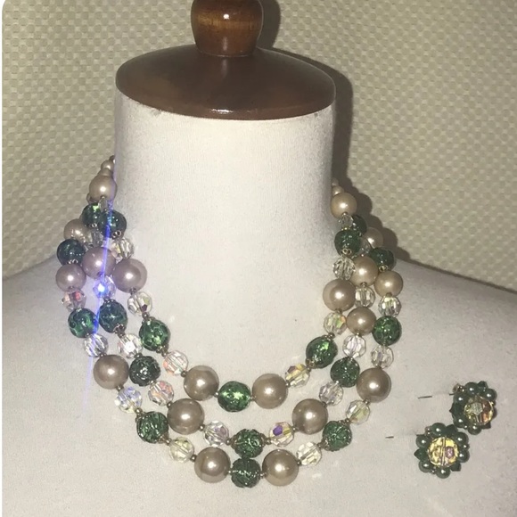 Lisner Vintage Necklace Clip Earring Set Costume  Aurora Borealis Crystal Pearl - Picture 6 of 10